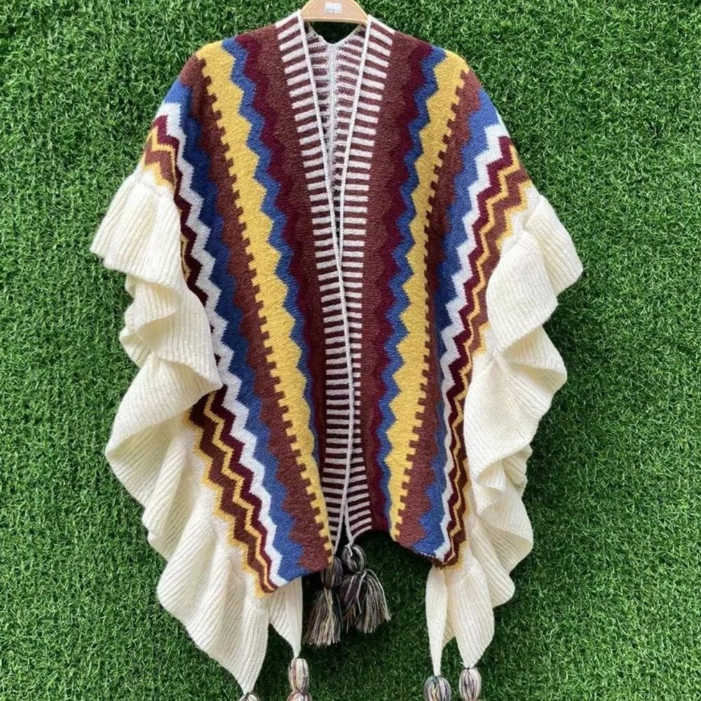 Chevron Ruffle Shawl with Tassels | Women Bohemian Poncho Wrap Cloak #1269